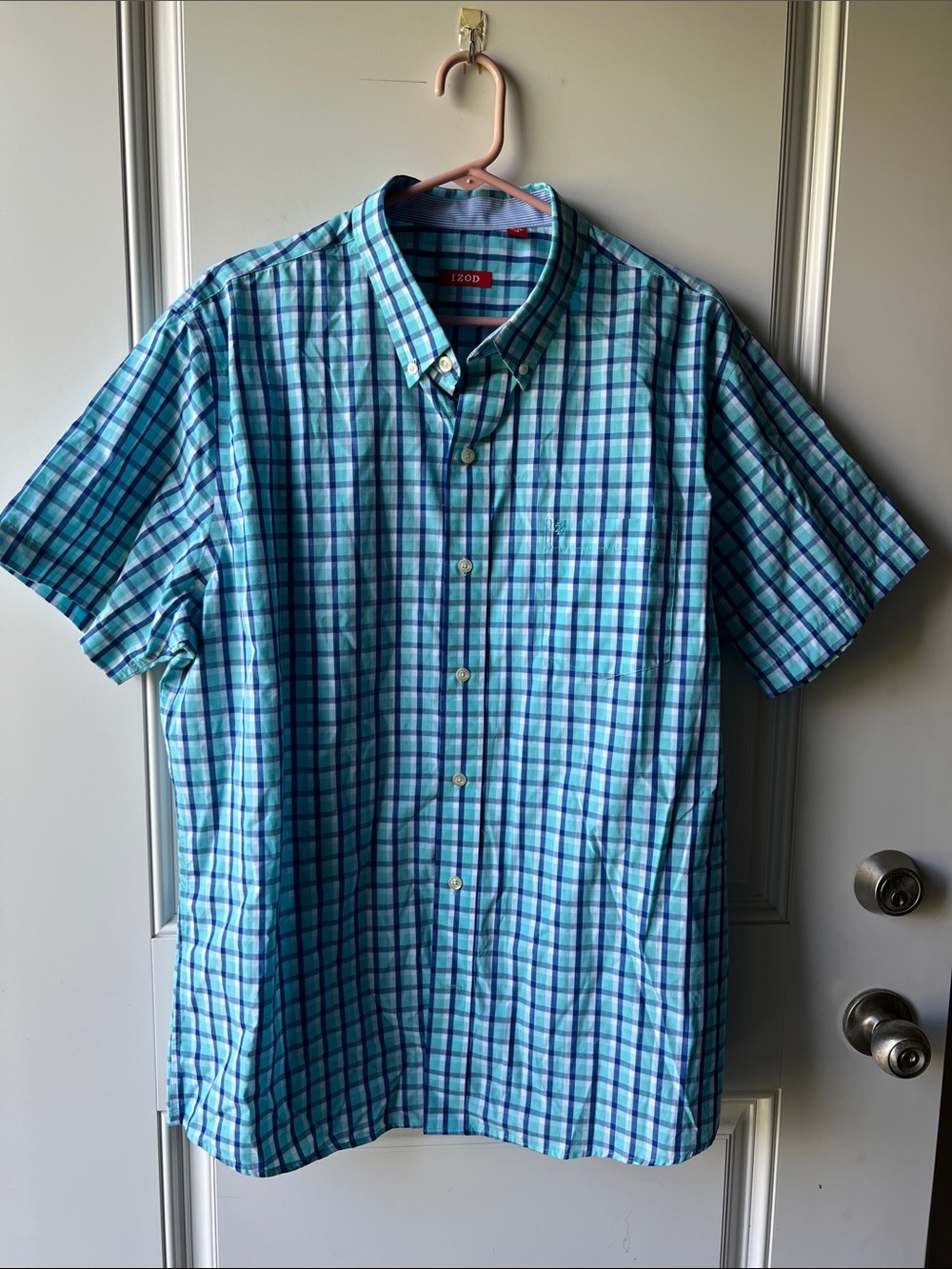 IZOD Men's Teal Plaid Short Sleeve Button-Down Shirt
